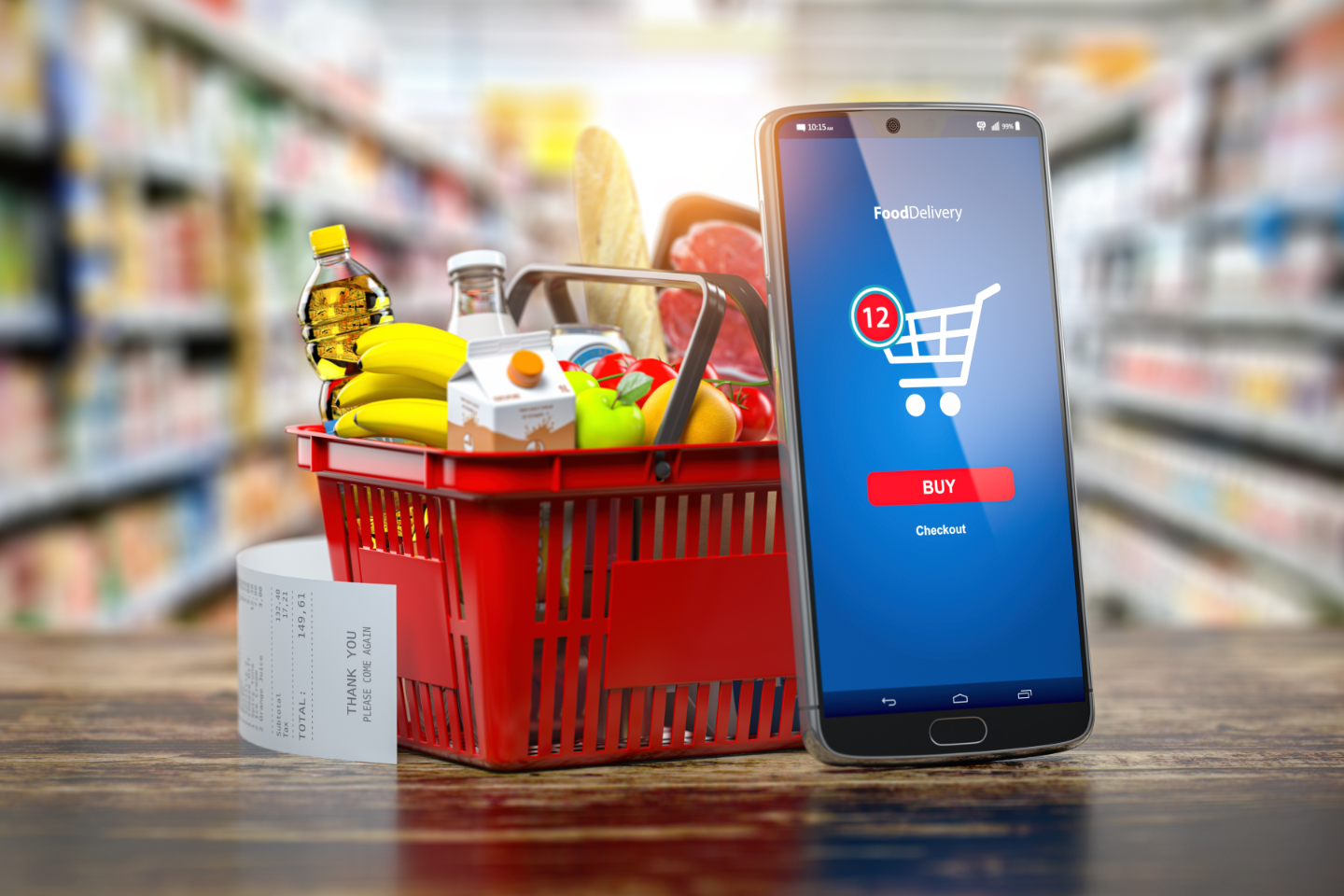 Shopping Basket With Fresh Food And Smartphone. Grocery Supermar