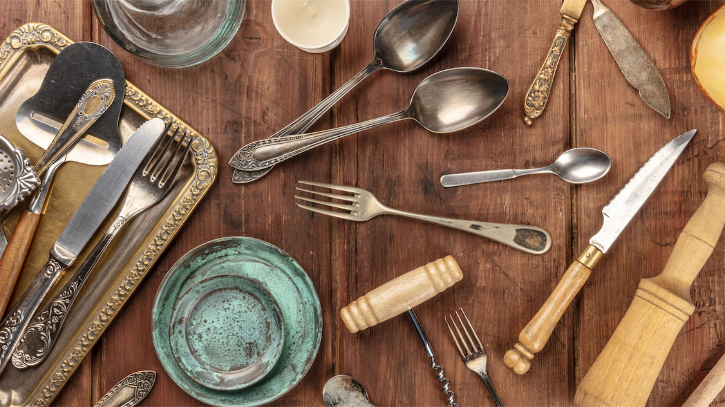 An Overhead Photo Of Many Vintage Kitchen Objects And Cutlery Fr