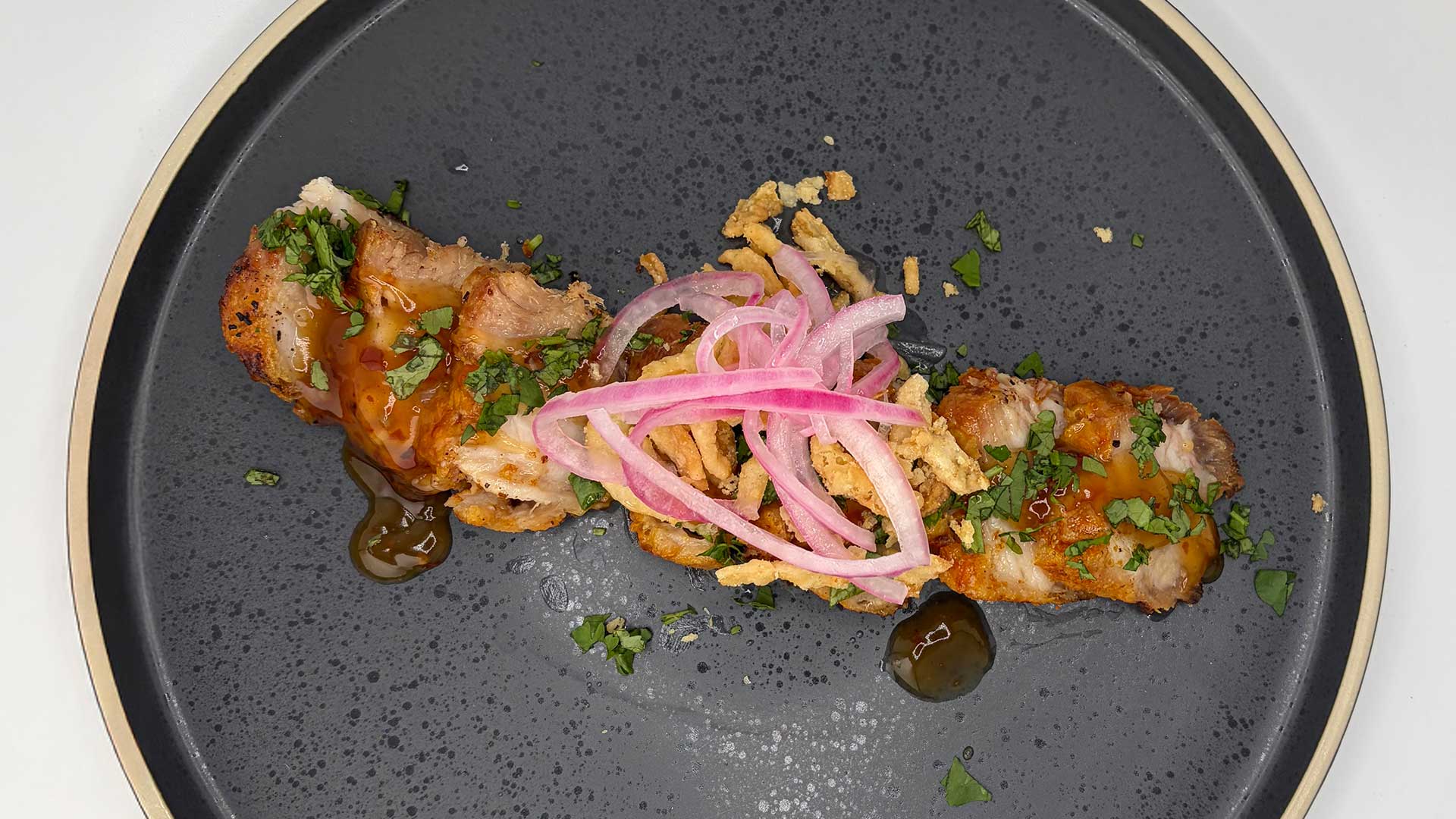 Crispy Pork Belly with Hot Honey Basil Glaze